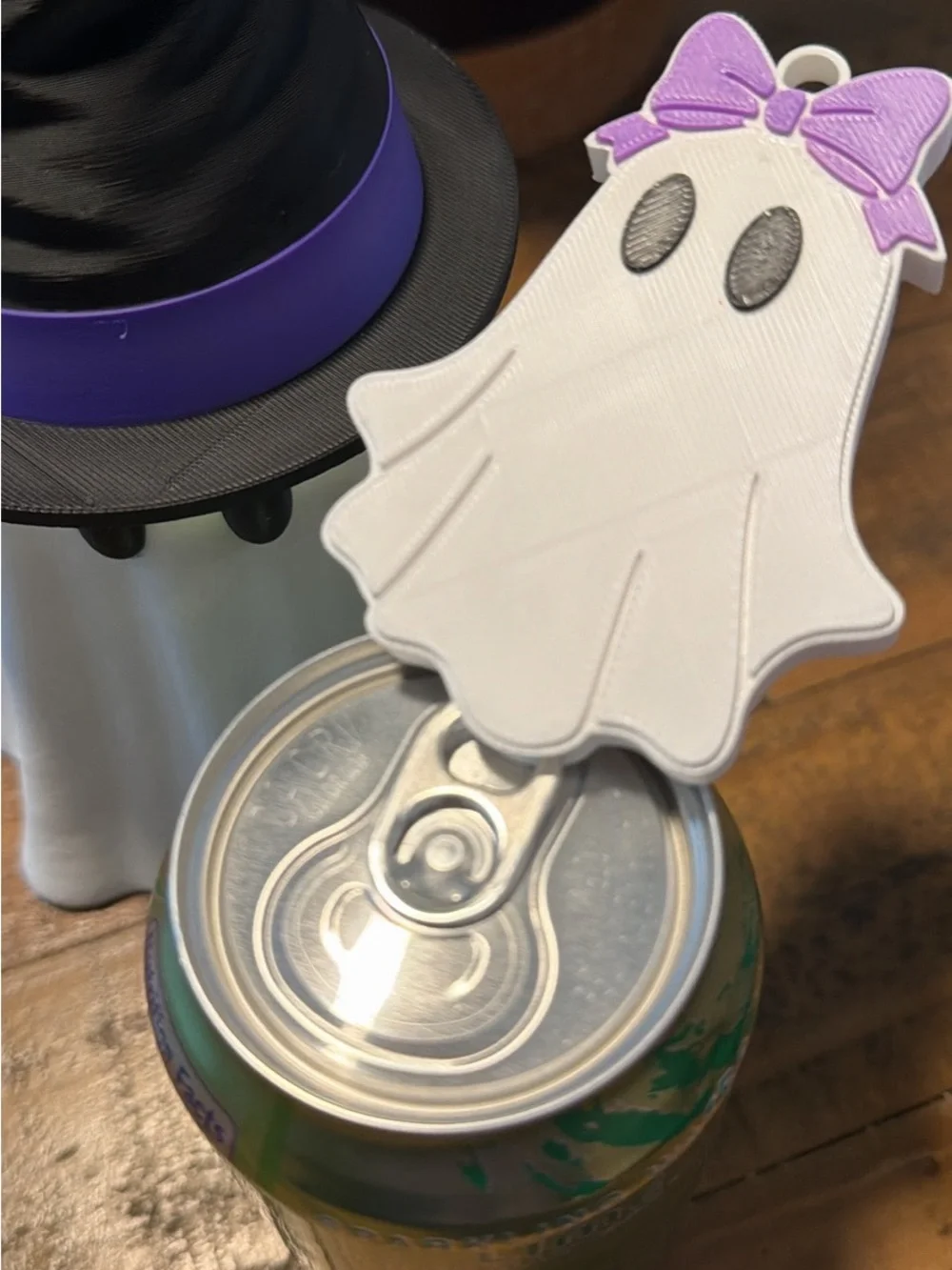 Ghost Can Koozie with Witch Hat and can opener.